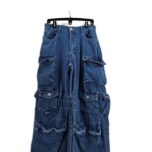 Y2K Cargo Baggy Multi Pocket Jeans Blue Denim Pants Utility Size 29 Skater Indie